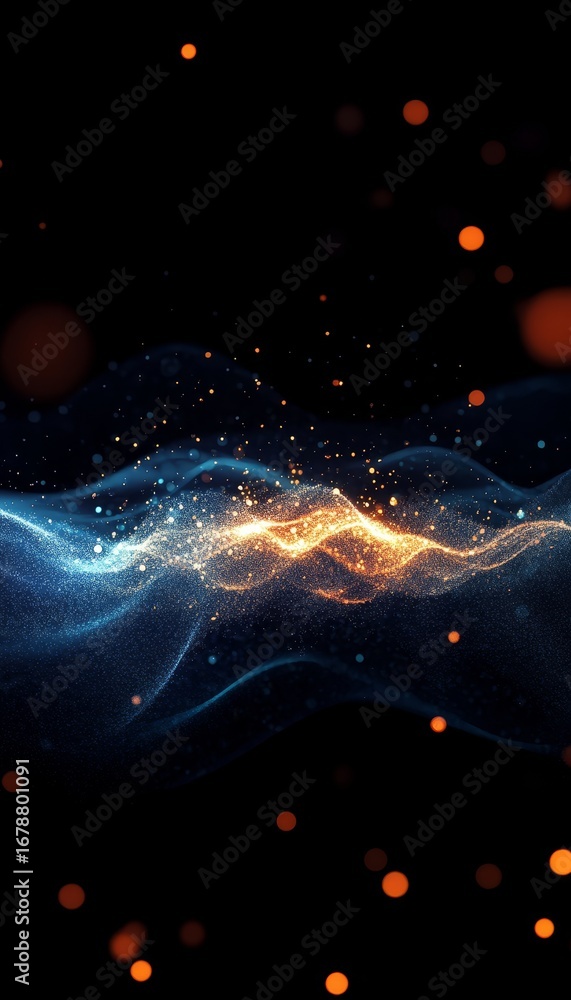 Poster dynamic abstract waves with bright orange and blue tones creating energy and motion in technology