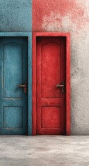 Two weathered doors, one blue, one red, meet at a wall divide