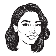 Beautiful Woman Doodle Black and White Illustration Fashion Girl Portrait Line Art Sketch Vector
