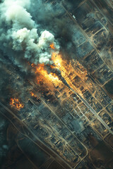 Satellite overview of military actions and explosions in urban landscape