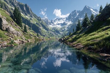 Mountain lake reflecting a vibrant sky.  A serene alpine valley with snow-capped peaks mirrored in a clear, tranquil lake. 