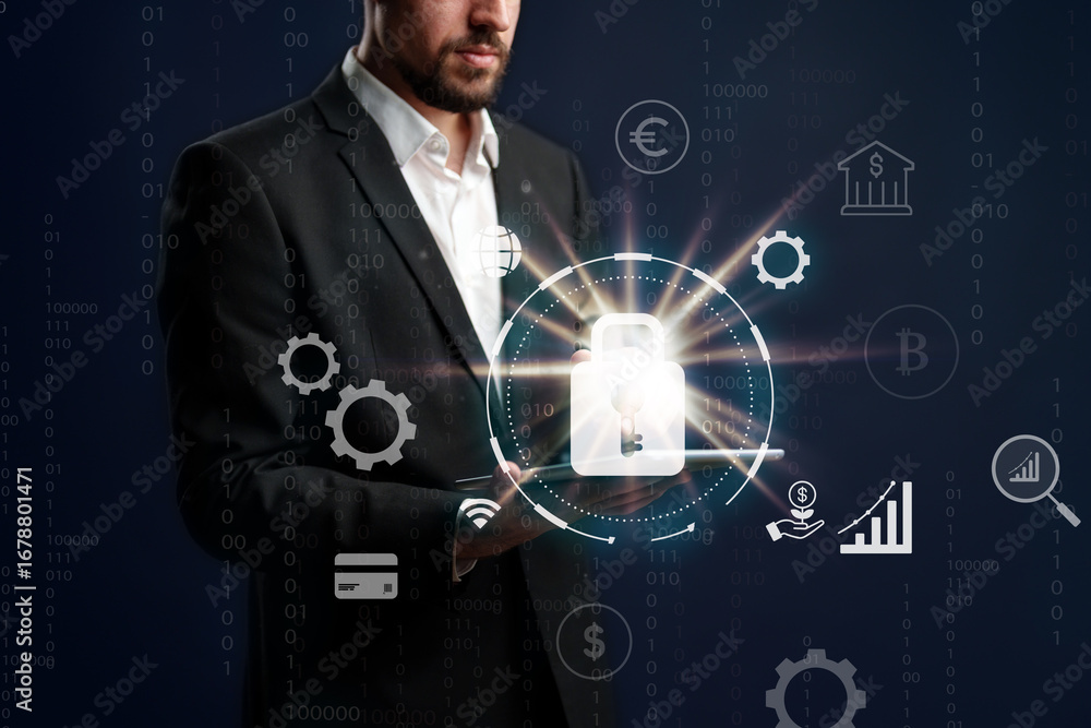 Poster modern technology transforms cybersecurity strategies with data protection and digital finance