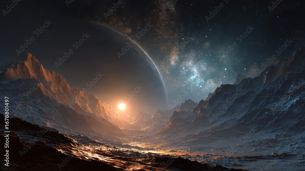 Poster an out-of-this-world view of an alien planet with its moon and stars in the dark space