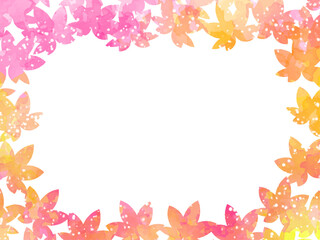 秋の紅葉のイメージの背景素材。水彩風テクスチャー。紅葉の葉っぱのシルエット。かわいい色調。カラフル。ふんわりした光の輝き。広いコピースペース。