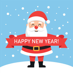 Santa Claus holding Merry Christmas and Happy New Year card, flat style vector illustration.