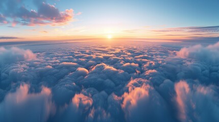 A panoramic view of stratocumulus clouds stretching across the horizon, blending with the distant sea during a peaceful sunset.
