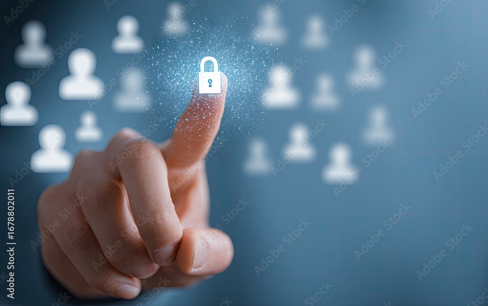 Poster finger touching a glowing padlock icon with abstract user icons in the background, symbolizing digit