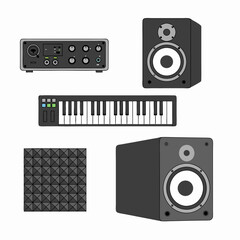 Fototapeta premium Illustration of a Compact Home Recording Studio Gear Setup with Midi Keyboard, Audio Interface, Studio Monitors, and Acoustic Panels