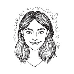 Beautiful Woman Doodle Black and White Illustration Fashion Girl Portrait Line Art Sketch Vector