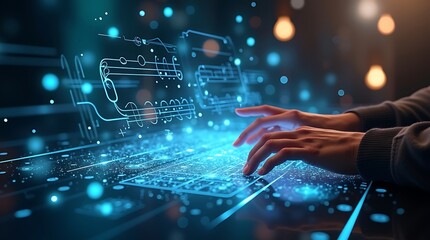 The AI is a holographic interface of swirling sound waves and glowing light, and the musician is seen manipulating the interface with their hands