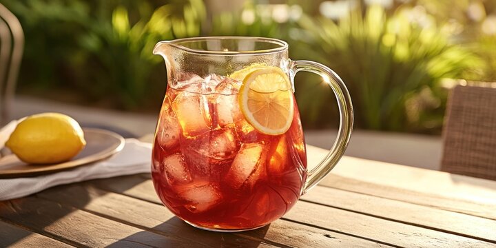 A clear glass pitcher filled with iced tea is placed on a weathered wooden table outdoors. The pitcher contains a vibrant red iced tea with lemon slices 