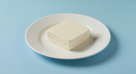 Block of fresh tofu on white plate over blue background, minimalist vegan food concept, plant based protein ingredient 
