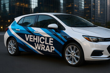 A white hatchback car with a vibrant blue and white graphic wrap featuring the text "VEHICLE WRAP" is shown driving on a city street.