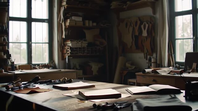 Inside a Detailed Handmade Bookbinding Workshop with Various Leather Crafting Tools Arranged on Large Wood Table in Vintage Interior Studio with Natural Lighting Books and Papers