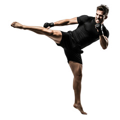 male martial artist performing a bare-chested flying kick on Isolated transparent background png. generated with AI