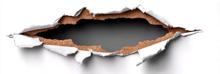 Torn Paper Hole on a Plain White Surface Revealing Dramatic Rough Edges and Textured Background