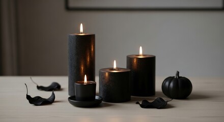 Elegant black candles and pumpkin evoke a serene ambiance for home decor or spa marketing