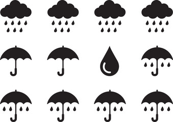 Weather Icons Rain Clouds, Umbrellas, and Raindrops, a set of vector