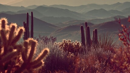 A desert landscape features Saguaro cactus with rolling hills in background