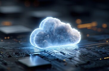 Glowing Digital Cloud Computing Symbol on a Futuristic Circuit Board.