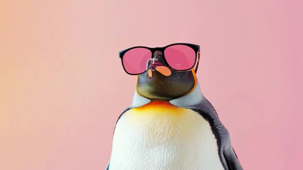 Trendy penguin wearing sunglasses on a vibrant pink background, fun, stylish, and eye-catching illustration perfect for summer, fashion, kids, and lifestyle projects.