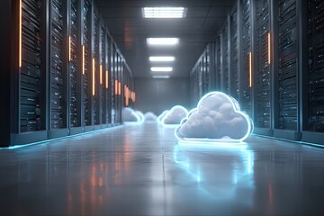 Cloud Computing Data Center - Futuristic Server Room with Glowing Clouds.