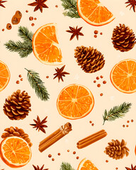 Festive Winter Spice: A Seamless Pattern of Citrus, Cinnamon, and Holly