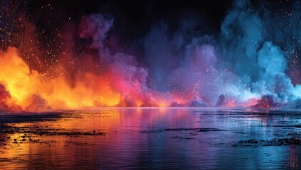 Fiery and ethereal clouds over a mirrored lake. Vivid orange-red and cool blue-pink hues meet on a still body of water, reflecting the dramatic sky.  Sparkles accentuate the vibrant clouds