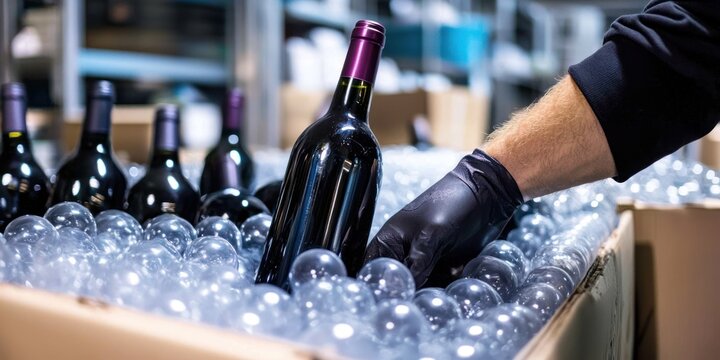 A gloved hand carefully places a bottle of red wine into a box filled with protective cushioning material. Several other wine bottles are visible in the background, stacked on shelves.