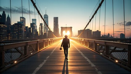 Obraz premium Solitary Figure Walking on the Brooklyn Bridge at Sunrise.