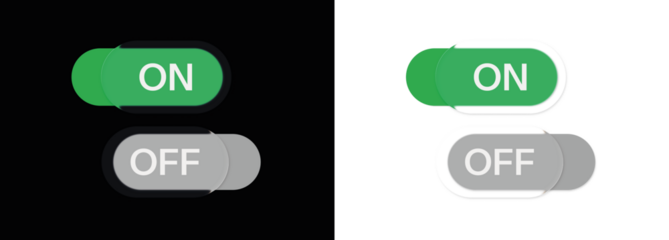Switch, toggle, buttons, isolated, white design for modern UI. PNG sparkles in Overlay with transparent clarity. Control panel PNG perfect for app, web interface, liquid glass.