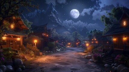 A peaceful village under the full moon, with warm lights glowing from the houses and streets.