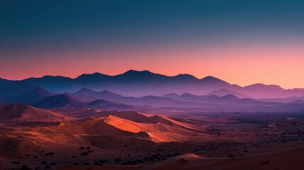 Fototapeta premium A scenic desert landscape at dawn, painted with warm hues of the rising sun. Rolling sand dunes and majestic mountains stretch across the horizon, bathed in a beautiful sunrise glow