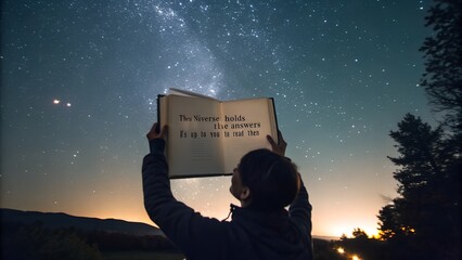 Stargazer Holding an Astronomy Book to the Night Sky.