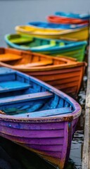 Obraz premium Colorful rowboats lined up at a dock