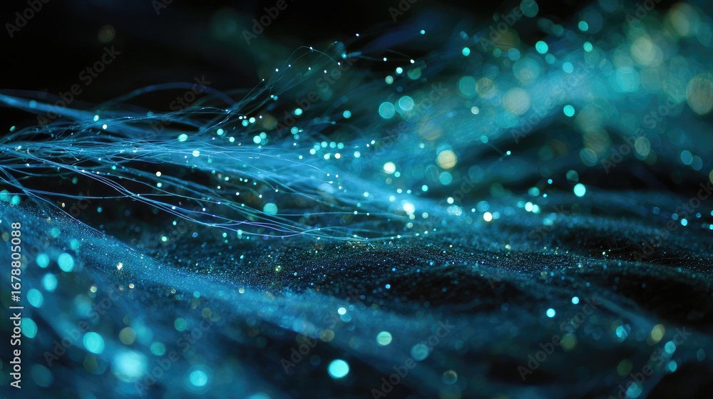 Poster an artistic depiction of glowing blue fiber optic strands against a dark background, creating a mesm