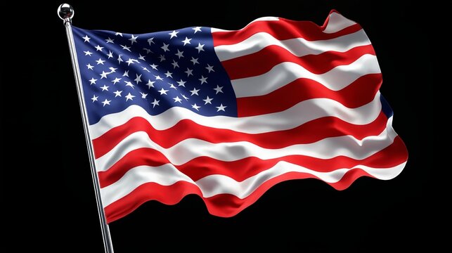 American flag waving on black background with stars and stripes