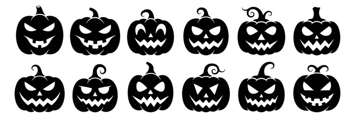 Set of black silhouettes of pumpkins for Halloween, on white background.