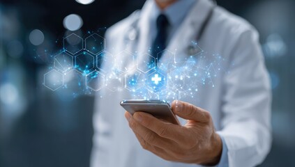 Doctor utilizing advanced digital technology for medical innovation on smartphone.