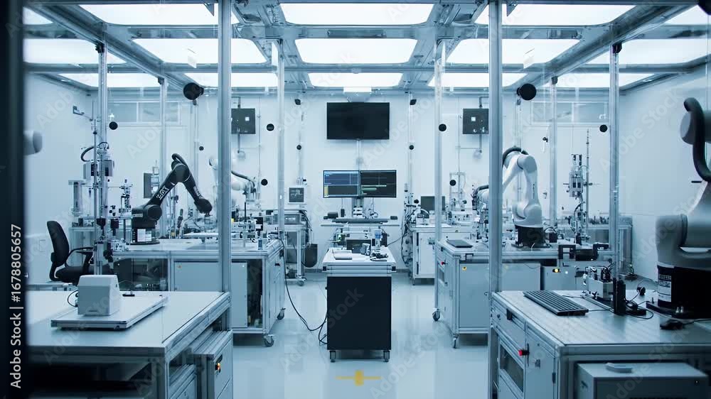 Poster inside ai behavior simulation lab featuring advanced robotics and automation equipment in a clean wh