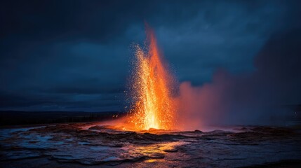an erupting geyser spewing hot water and steam against a dark sky. The vibrant orange and yellow hues of the geyser create a stunning contrast against the dark background, symbolizing nature's power
