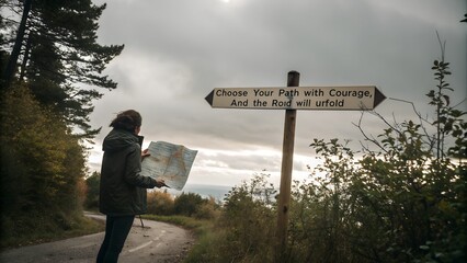 Traveler with map at inspirational signpost on a journey.