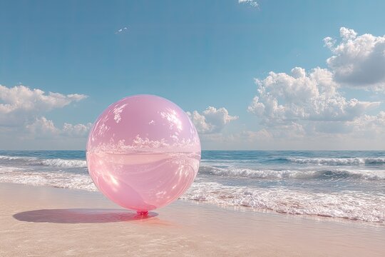 Pink sphere on a beach, pastel colors, summer scene - Powered by Adobe