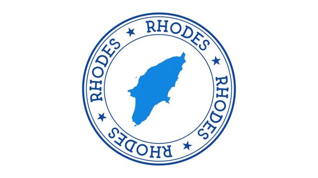 Rhodes intro. Badge with the circular name and map of island. Rhodes round logo animation.