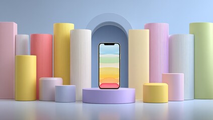 Fototapeta premium Pastel-colored display podium with smartphone