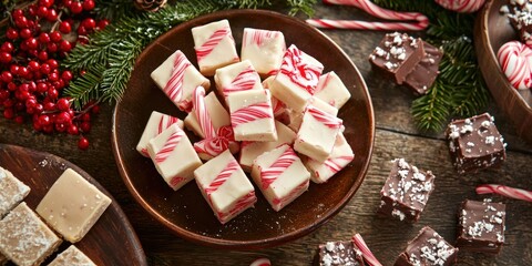 A rustic wooden table displays a collection of fudge squares in various flavors, including peppermint and chocolate. The fudge is cut into small,