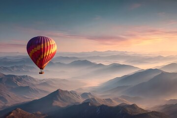 Obraz premium A colorful hot air balloon soars over misty mountains at sunrise.