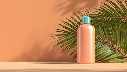 Peach-toned bottle with teal cap, tropical leaves
