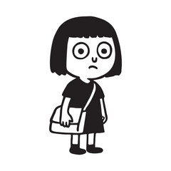 Black and White Cartoon of a Child with Sling Bag - Minimalist School Character Illustration