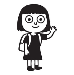Black and White Cartoon of a Smiling Child with Backpack - School Greeting Illustration